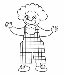 Vector clown line icon. Black and white circus artist clipart. Amusement holiday man. Cute funny festival character coloring page. Street show comedian illustration.