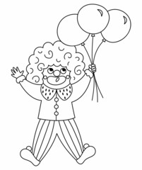 Vector clown line icon. Black and white circus artist clipart. Amusement holiday man flying on bunch of balloons. Cute funny festival character coloring page. Street show comedian illustration.