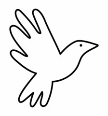 Black and white vector flying dove with spread wings. Romantic bird illustration. Love and piece concept or Valentine day character for kids or coloring page.