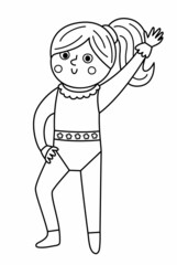 Vector black and white gymnast girl. Cute funny acrobat. Circus or sport artist clipart. Amusement holiday line icon. Festival character illustration or coloring page.