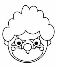 Vector black and white clown face. Circus artist avatar outline clipart. Amusement holiday line icon. Cute funny festival character clip art. Street show comedian illustration or coloring page.