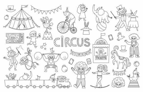 Big black and white vector circus set. Street show animals, tent, artist collection. Amusement holiday line icons pack. Bear on bike, clown, gymnast, athlete, magician coloring page.