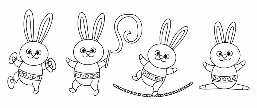 Vector black and white set with gymnast rabbits with hula hoop, tightrope, ribbon. Cute line animal acrobat. Circus or sport artist coloring page. Amusement holiday icons. Festival character.