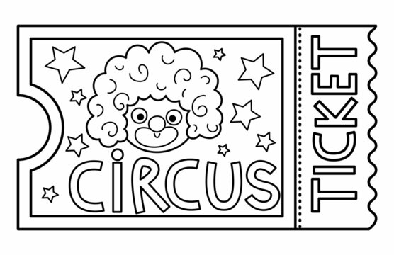 Vector circus ticket line icon. Amusement park pass outline clipart. Cute black and white street festival entrance card. Street show admission coupon illustration or coloring page with clown face.