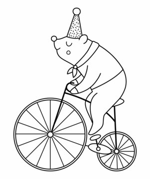 recommend clip art: Black and white bear riding a bike. Vector circus animal. Amusement holiday line icon. Cute funny festival character outline clip art. Street show comedian illustration or coloring page.