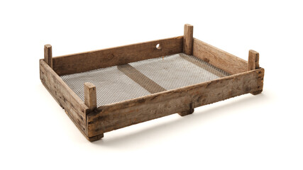 old wooden box with mesh bottom. isolated white background