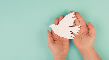 Holding a white dove in the hands, symbol of peace, paper cut out, copy space for text