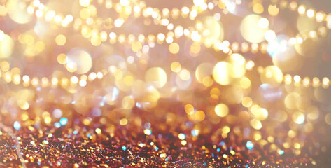 Abstract gold bokeh background. Golden holiday glowing backdrop. Defocused Background With Blinking...