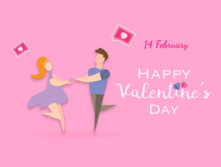 Happy Valentines Day card with couple. Greetings card in paper cut style for Valentine's Day.