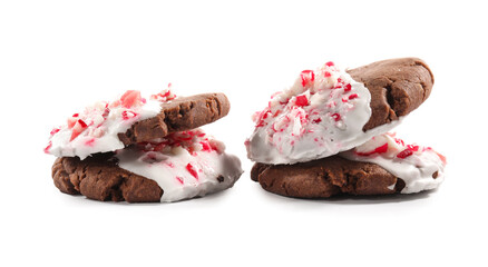 Tasty candy cane cookies on white background