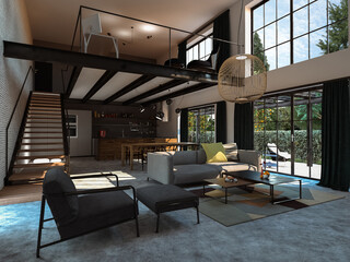 3D rendering of modern apartment with gallery above kitchen and living room area