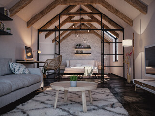 3D rendering of small attic apartment, with wooden beams, white brick wall behind the bed and glass panels with steel frames to divide the room in two