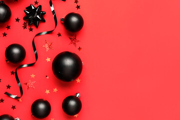 Beautiful Christmas composition with decor on red background