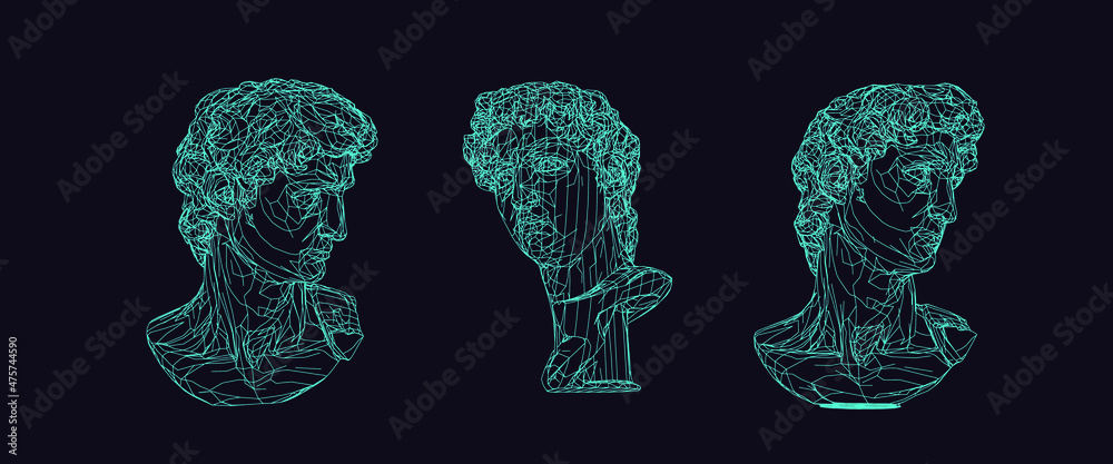 Poster set of 3d models of gypsum heads. cyberpunk sci-fi style vector illustration.