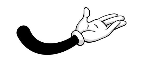 Comic cartoon hand with open palm in white gloves. Body hand gesturing, etiquette comical plam arm. Vector illustration