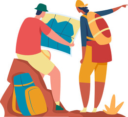 Tourists search route or right way using map. Vector navigation route, tourist and tourism, search and discovery location illustration