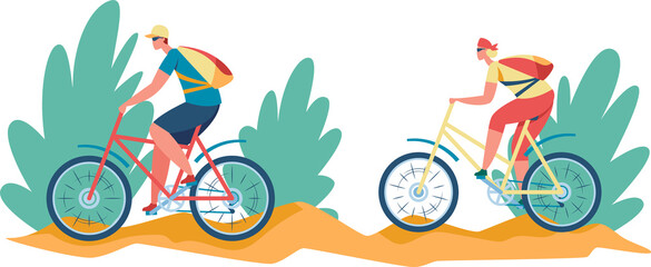Cycling trip on weekend, activity outdoor rest. Trip bike outdoor, illustration of bicycle recreation activity, weekend vacation © Frogella.stock