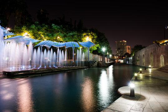 View of the fountains at night. Paseo Santa Lucia, Monterrey, Mexico.
