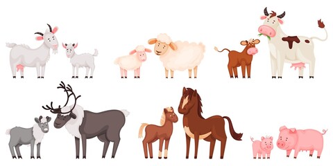 Cartoon farm animal family, cute baby animals and their mothers. Mother pig with little piglet, sheep and lamb, cow and calf vector set. Adorable wild and domestic children and parents
