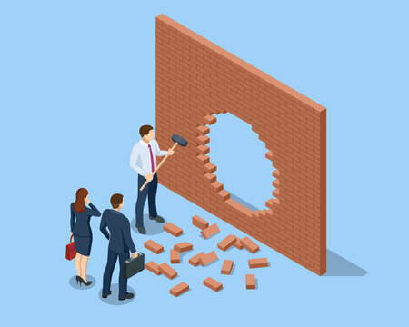 Isometric Breaking the Wall. An alternative Solution to the Problem. Businessman Solved Problem, New Solution, Success and Leadership. Breakthrough. Business concept