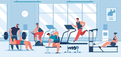 People exercise at fitness gym, training with sports equipment. Characters running on treadmill, lifting dumbbells vector illustration. Man and woman cycling on bicycle, working out