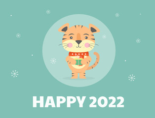  Cute tiger. Christmas card in a flat style. Chinese new year symbol 2022 year. Happy New 