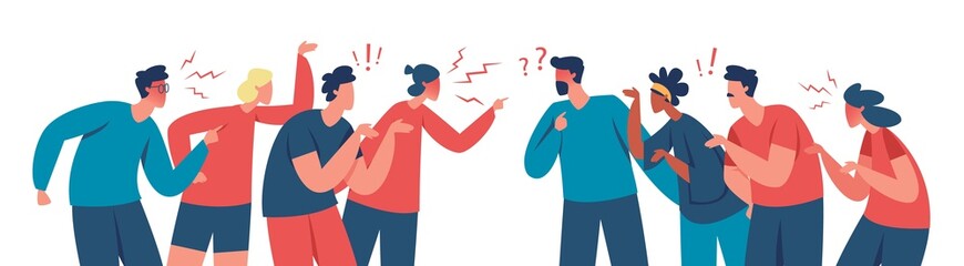Two groups of people arguing and fighting, conflict among people. Angry characters having argument or disagreement vector illustration. Colleagues having debate or misunderstanding