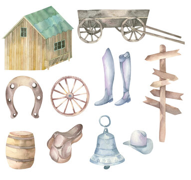 Set of elements of a horse ranch: a barn, a cart, a horseshoe and other elements. Hand drawn watercolor.