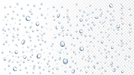 Foto op Aluminium Water rain drops on window, shower steam condensation on glass. Realistic raining droplets, raindrops on transparent surface vector background. Pure aqua blobs on transparent backdrop © Frogella.stock