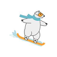 Polar bear surfing snowboard on downhill. Extreme outside winter sport concept.