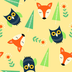 Obraz premium seamless pattern scandinavian style with fox owl and trees