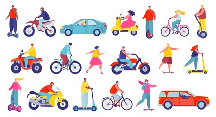 People on different city transport, characters riding personal vehicles. Men and women on bicycle, motorbike, scooter, skateboard vector set. Girls and boys roller skating, riding unicycle © Frogella.stock