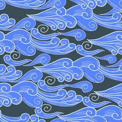 Seamless vector pattern with hand-drawn waves in Japanese minimalist style. Blue silhouettes on gray background. Good design for packaging design, wrapping paper, textile, and all overprints