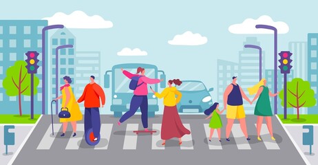 Group of people crossing city road, pedestrians walking on crosswalk. Characters cross street on pedestrian crossing Vector illustration. Boy and girl on skateboard and unicycle, woman with phone © Frogella.stock