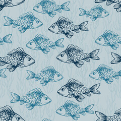 Seamless pattern with fishes on gray background. Hand-drawing ink outline art. Blue sketches of underwater. Good print for wallpaper, textile, wrapping paper, ceramic tiles. Vector illustration