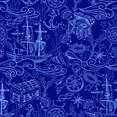 Seamless vector pattern in toile di jouy style with marine elements. Ship, rudder,seaweeds, treasure chest, sea adventure, pirates. Hand-drawn sketches on deep blue background. Wallpaper, wrapping.