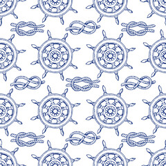 Seamless vector pattern with blue ink hand-drawn ships rudder and nautical knots on white background in  toile style. Good print for wrapping paper, wallpaper, fabric design, and packaging © SG1