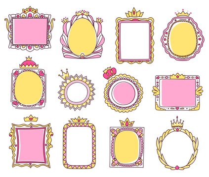 Cute hand drawn pink princess frames with crowns. Sketch photo or mirror frame with tiara, girly doodle border for baby princesses vector set. Royal romantic framework with swirls isolated on white