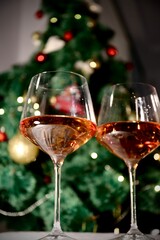 glass of champagne and christmas tree