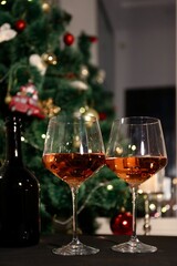 glasses of champagne and christmas tree