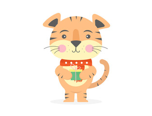 Fototapeta premium Cute tiger cartoon with a gift. Baby print. Flat design.