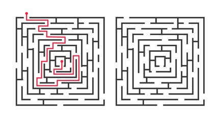 Square labyrinth game with solution, route finding puzzle. Simple logical maze for children, find path riddle with answer vector illustration. Rebus for kids concentration and exit search