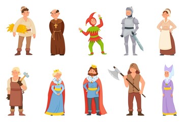 Cartoon historical medieval characters, king and queen, princess. Middle age knight, blacksmith, peasant, jester character vector set. Woman and man in old fairy tale or legend clothes