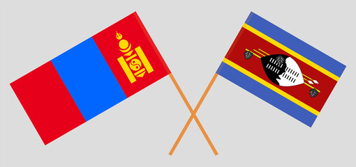 Crossed flags of Mongolia and Eswatini. Official colors. Correct proportion