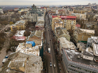 Fototapeta premium City street in Kiev in cloudy weather. Aerial drone view.