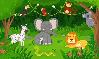 Cartoon wild animals in jungle forest, tropical animal habitat. Cute lion, snake, toucan, monkey, elephant, rainforest vector illustration. Wildlife with greenery and fauna characters