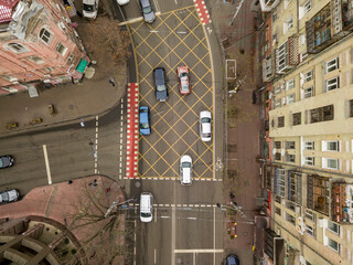 City street in Kiev in cloudy weather. Aerial drone view.