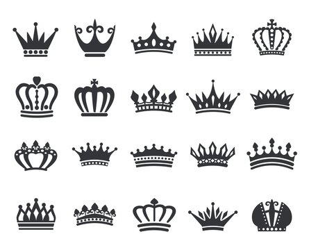 King crowns icon silhouette, queen tiara, royal crown logo. Power dynasty royalty emblem, vintage heraldic black symbols vector set. Luxury jewelry for prince or princess, aristocracy