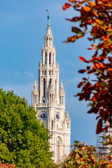 Fototapeta na wymiar Vienna City Hall tower in autumn, Austria
