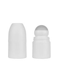 Set of blank opened and closed roll on antiperspirant deodorant bottles isolated on white background. Product packaging mockup.